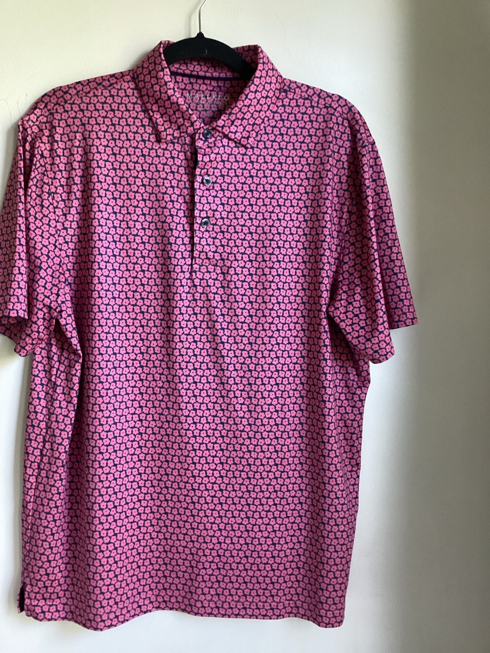 Maelreg Performance Polo Men’s Medium Floral Flower Print Pink Blue Stretch Golf